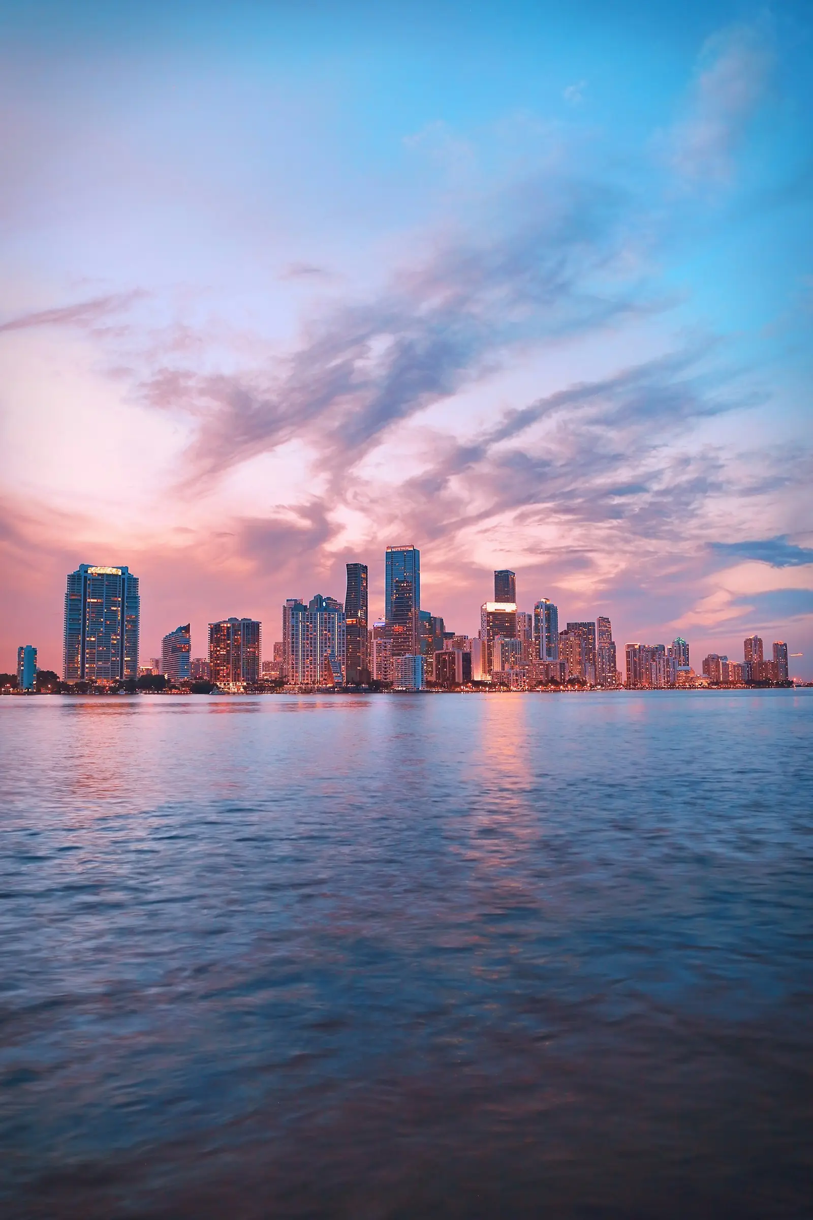 The Miami skyline at sunset over Biscayne Bay