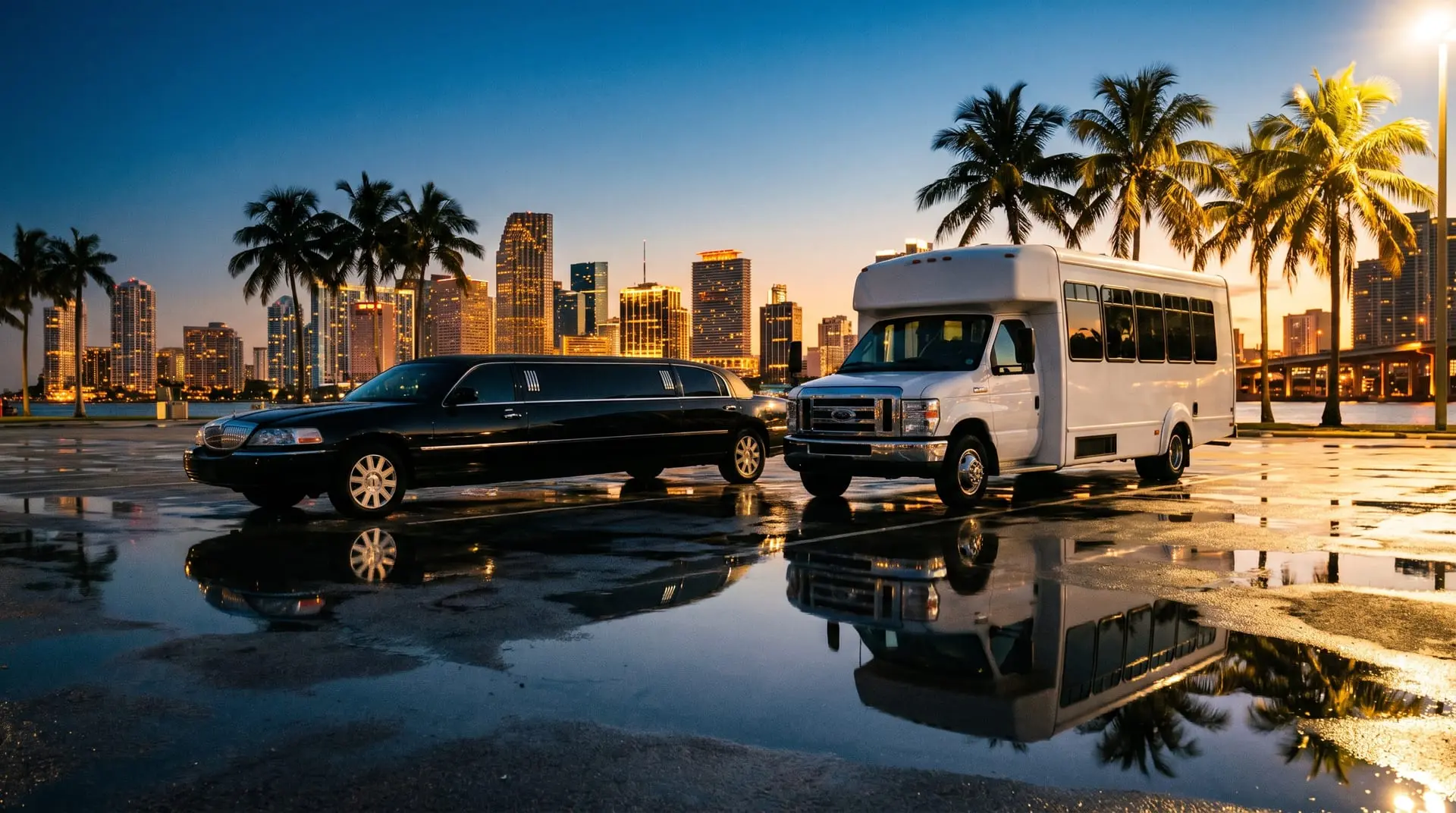 A stretch limousine and party bus parked against the Miami skyline at dusk